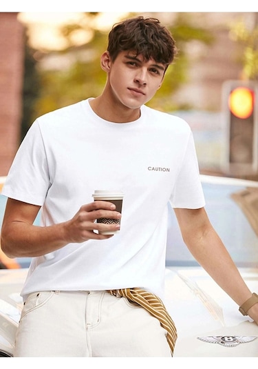 Erkek Siyah Oversize Caution Baskılı T-shirt Beyaz-65543