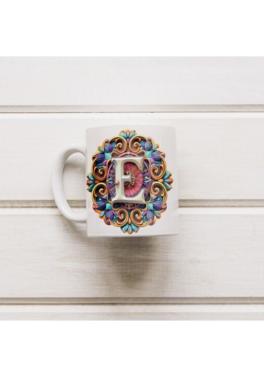 E Harfi Boho Bardak, Renkli Özel Tasarım Hediyelik Harfli Kupa, 330ml Porselen Beyaz