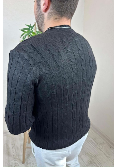 Erkek Siyah Örgülü Slim Fit Bisiklet Yaka Triko Kazak Siyah