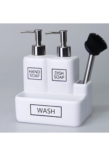 By Selim Liberty Fırçalı Süngerlikli İkili Sıvı Sabunluk - Beyaz Beyaz