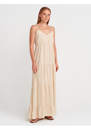 Dilvin 90573 Büzgülü Uzun Denim Elbise-taş Taş