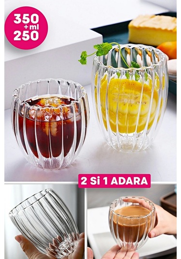 2'li Çift Cidarlı Burgulu Kristal Cam Bardağı Çay Süt Kahve Kupası Sıcak & Soğuk Retro Bardak Seti