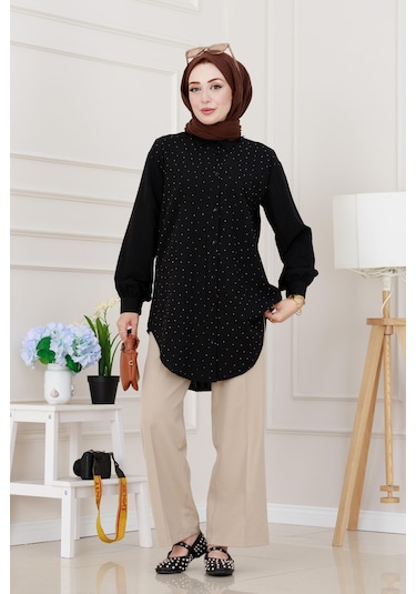 Sevitli Göğüsü Taş Detaylı Oversize Tunik-siyah-5225 Siyah