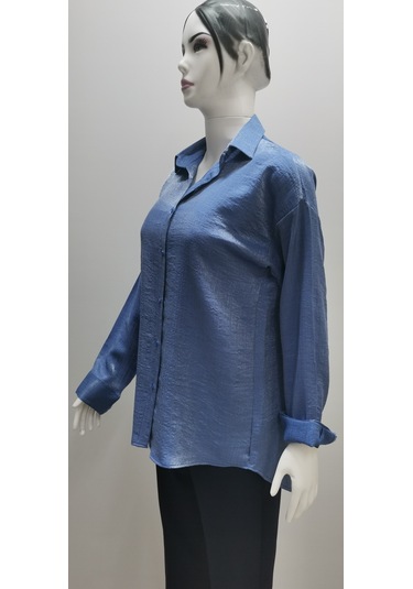 Kadın Uzun Kollu Salaş Kesim Parlak Simli Pamuk Gömlek Mavi