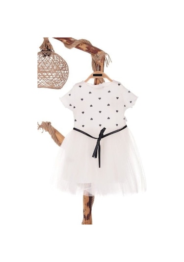 Kalp Baskılı 2-7 Yaş Arası Beyaz Kız Çocuk Tüllü Elbise Doğum Günü Özel Gün Ve Geceler İçin Beyaz