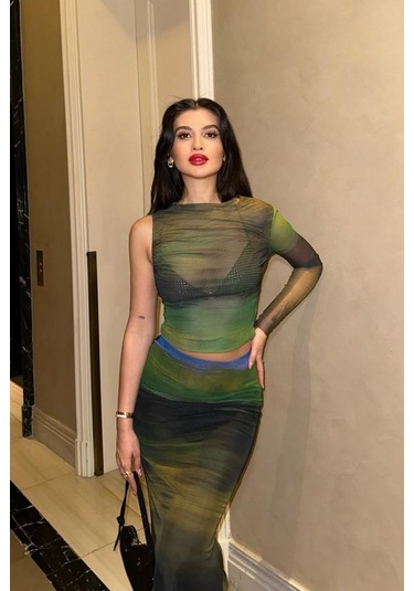 Kadın Multi Desenli Lycra Uzun Kollu Bisiklet Yaka Takım Çok Renkli