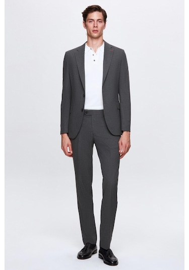 D's Damat Slim Fit Gri Düz Likralı Esnek Mono Yaka Çift Yırtmaçlı Astarlı Takim Elbise Gri