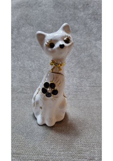 Zirkon Taşlı Emaye Beyaz Kedi Kutu Biblo 001