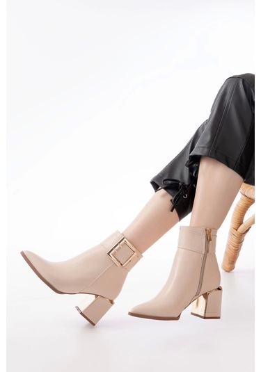 Dnz-400 Bej Toka Aksesuarlı Topuklu Fermuarlı Günlük Kadın Bot Bej