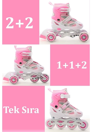 Paten Ayarlanabilir 2+2 , 2+1 Metal Gövde Alıştırma Çocuk Pateni Pembe