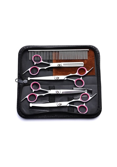 Hombey Kedi Köpek Pet Grooming Makas Seti, F2 Yedi Parça, Saç Kesim Ve Güzellik Aracı - Beyaz Kapak Pembe Çember