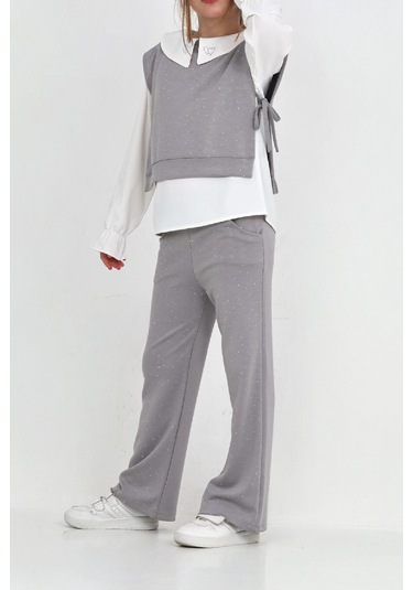 Kız Çocuk 3'lü Takım Pantolon+yelek+bluz 12429 Gri