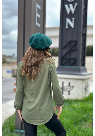 Kadın Haki Uzun Truvakar Kol, Öpücük Yaka, Basic Kesim Bluz - Tesettüre Uygun Haki