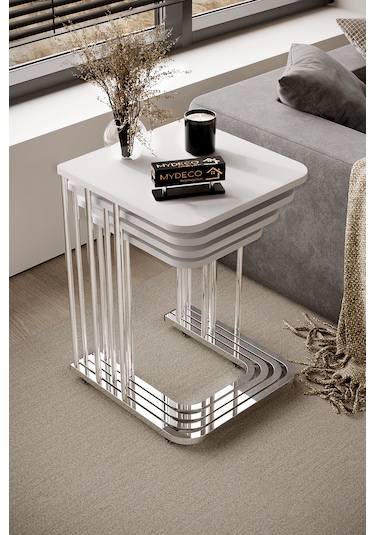 4'lü Tekerlekli Zigon Sehpa Gümüş Ayak Beyaz 18mm Mdf