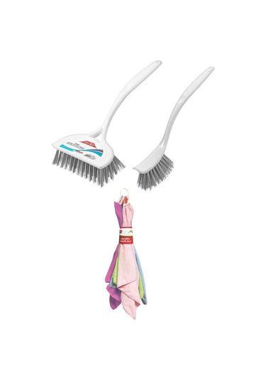 Flora 3 Lü Temizlik Seti, F367 Bulaşık Fırçası + F388 Lavabo Küvet Fırçası + F222 Mikrofiber Bez Seti