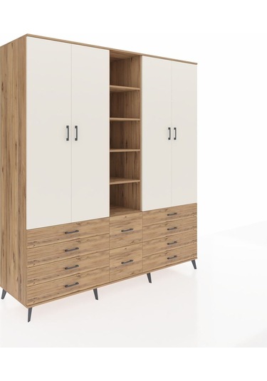 Kronos Dolap 9 Raflı 10 Çekmeceli 2 Askılı 220x59x243 Çam-aytaşı/çam Aytası/atlas Çam