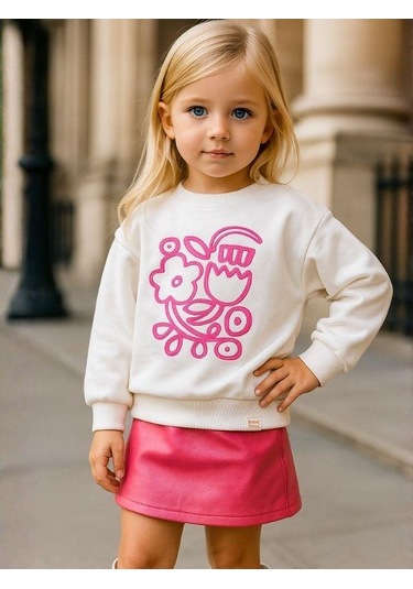 Kız Çocuk Pamuklu Çiçek Desenli Sweatshirt-16337 Ekru