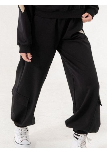 Kız Çocuk 2 İplik Kalp Aplikeli Tasarım Eşofman Takım-14216 Siyah