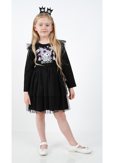 Kuromi Siyah Tül Detaylı Kız Çocuk Elbisesi Siyah