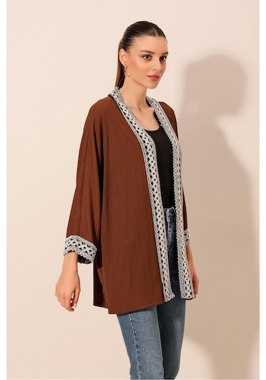 Bigdart 5866 Nakışlı Örme Kimono - Kahverengi 001