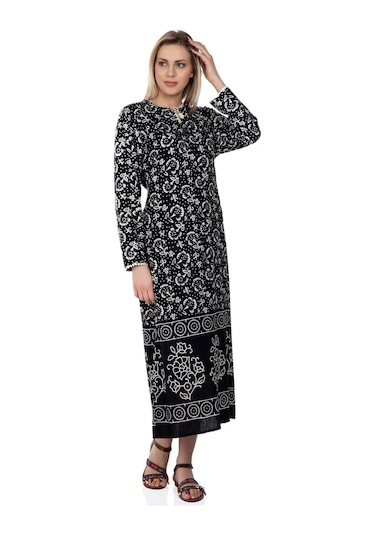 Uzun Kol Pamuk Taş Baskı Uzun Elbise Yoğun Desen