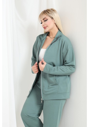 Kadın Büyük Beden Fermuarlı Uzun Kollu Rahat Günlük Eşofman Takım Çağla