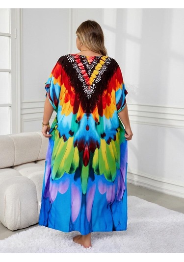Edolynsa Şık Kadın Kaftan Bohem Renkli Bornoz Rahat Büyük Beden Moo Moo Elbise Taze Elbise Tatil Partisi Uzun Elbise Kıyafet Q1594 Çok Renkli
