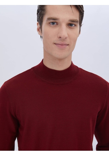 Kip Kırmızı Yarım Balıkçı Yaka Düz Örgü Yün Karışımlı Triko Çok Renkli