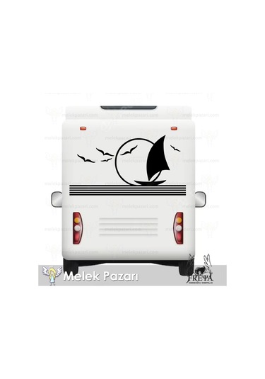 90X46 cm-Martılar ve Yelkenli Karavan Sticker. Karavan Çıkartma