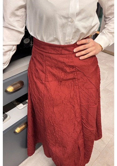 Etk005 Yandan Fermuarlı Kraşlı Kloş Etek Bordo