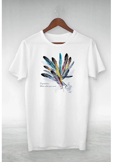 Beyaz Kadın Oversize Tüy Baskılı T-shirt BEYAZ