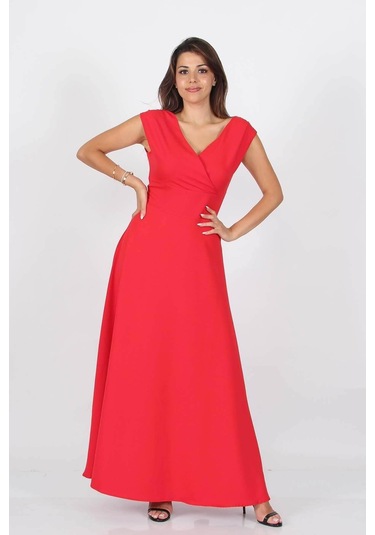 Dipmoda Kadın Omuz Detaylı Kayık Yaka Uzun Abiye Elbise Dp8076 Kırmızı