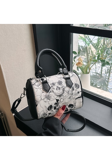 Gotik Kafatası Desenli Boston Çantası