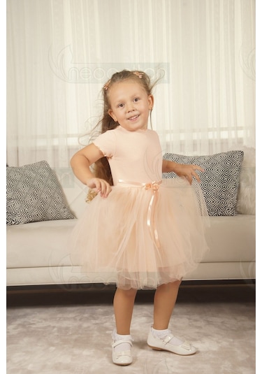 Tüllü Baskısız Düz Üst Kısım Ribana Alt Kısım Astarlı Tütü Etek Kız Çocuk Prenses Kısa Kollu Elbise SOMON