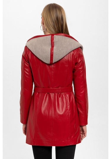 Kırmızı Julia Triko Kapüonlu Kemerli Hakiki Kadın Deri Kaban-kırmızı Kırmızı