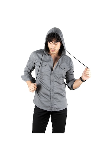 Deepsea Erkek Füme Kapüşonlu Slim Fit Dar Kesim Gömlek Likralı Pamuklu Likralı Kot Gömlek 2300396 Füme