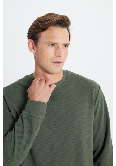 Ac&Co / Altınyıldız Classics  Erkek Hakı 2 İplik Sıcak Tutan Standart Fit Normal Kesim Bisiklet Yaka Sweatshirt Hakı Haki