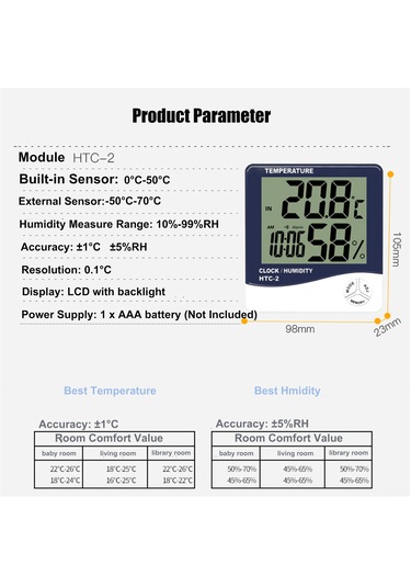 Reedark Htc-2 Dijital Sıcaklık Nem Ölçer, Dış Sensör, Güneş Işığı, Alarm Saati Pil Dahil Değil