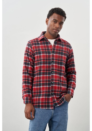 Kırmızı Yünlü Ekose Desen Yumuşak Yaka Cepsiz Uzun Kol Casual Comfort Fit Gömlek 1004245227 Kırmızı