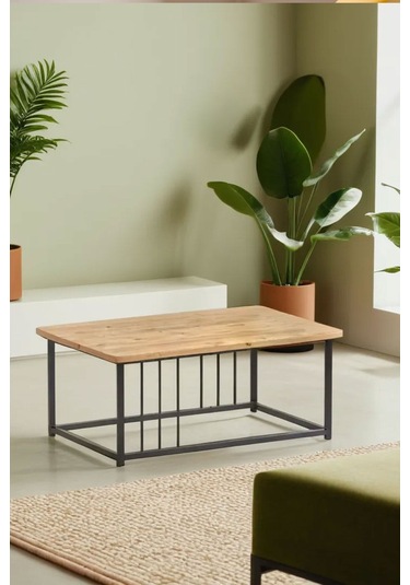Ahşap Orta Sehpa 60x90 Modern Metal Ayak Siyah Tam Çerçeve Çam Desen Salon Ofis Balkon Sehpası - Town