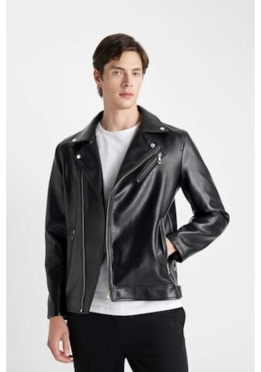 Defacto Slim Fit İnce Suni Deri Mont Ceket Dar Kesim Fermuarlı Üç Cepli Astarlı Mevsimlik Hafif C5715AX24AUBK27 Siyah