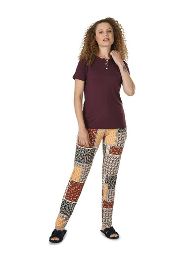 Kadın Bordo Yarım Kol Patlı Baskılı Viskon Pijama Takımı 10144 - Xl Bordo