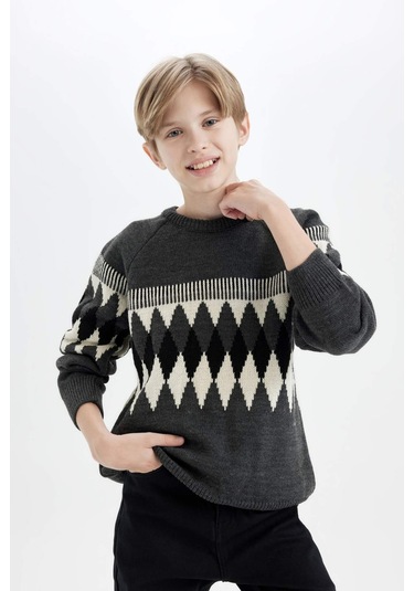 DeFacto Erkek Çocuk Bisiklet Yaka Baklava Desenli Triko Kazak C3138A824CWGR228