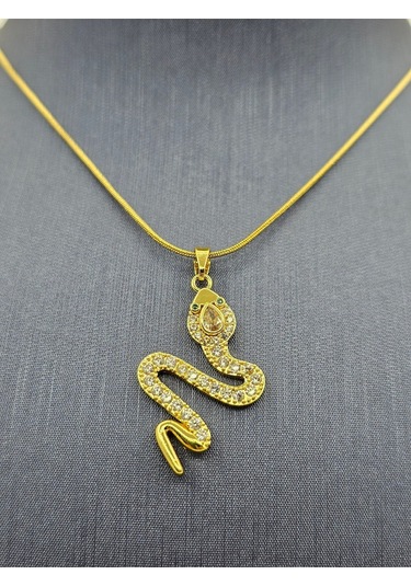 Yılan Model Gold Renk Zirkon Taşlı Çelik Kolye Altın