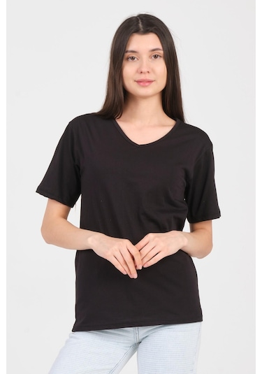 As Collection Siyah V Yaka Kısa Kol Örme Kadın T-shirt Siyah