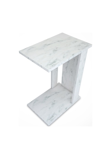 Pasific Home Single Çok Amaçlı Tekerlekli C Sehpa ,Koltuk Sehpası - Beyaz Mermer