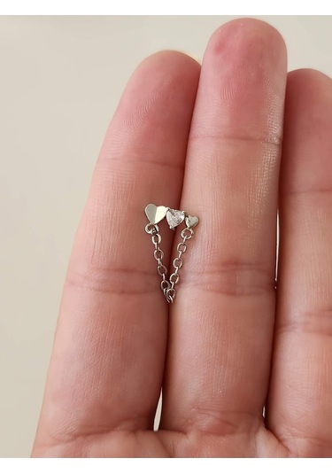 Eva Takı Store Kalp Zincir Sallantılı Model Kıkırdak Tragus Helix Piercing Gümüş Renk Küpe Gümüş