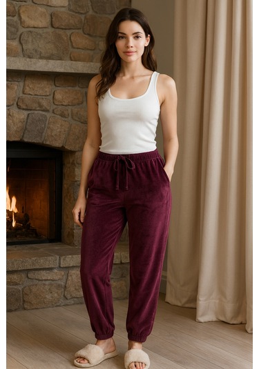 Kadın Paçası Lastikli Cep Detaylı Kadife Kumaş Tek Alt 503 Koyu Mürdüm Koyu Mürdüm