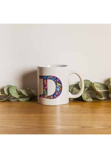 D Harfi Bardak 330 Ml İsme/harfe Özel Hediye, Renkli Harf Tasarım Beyaz
