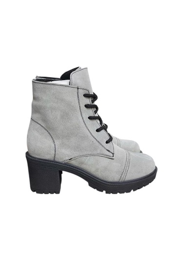 Gri Hakiki Süet Bağcık Detay Yandan Fermuarlı Kalın Topuk Bot Gri